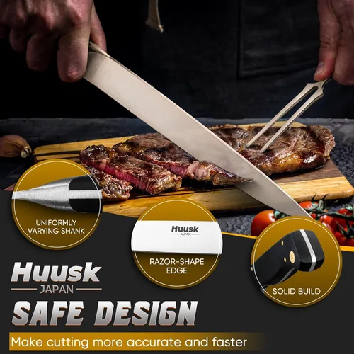 Miniatura 4 de Huusk Juego de cuchillos para tallar pavo, tenedor y cuchillo afilado para carne, barbacoa, pechuga, cuchillo japonés para rebanar con caja