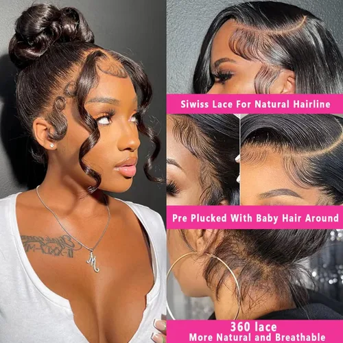 Miniatura 3 de Aaliweya Peluca de encaje frontal 360 HD con encaje frontal 360, peluca de cabello humano para mujer, densidad 180, prearrancada, sin pegamento, 1B