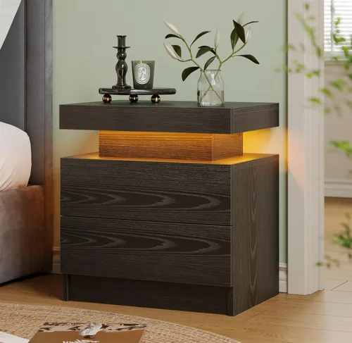 Miniatura 9 de Mesita de noche LED Mesita de noche LED con luces LED, mesa auxiliar moderna con 2 cajones para dormitorio, gris claro