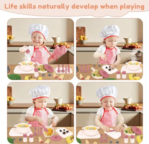 Miniatura 3 de TYRY.HU 11 piezas de juguetes de cocina para niños sin BPA, juegos de comida de silicona, juguetes de cocina con ollas y sartenes, juguetes de Rosa