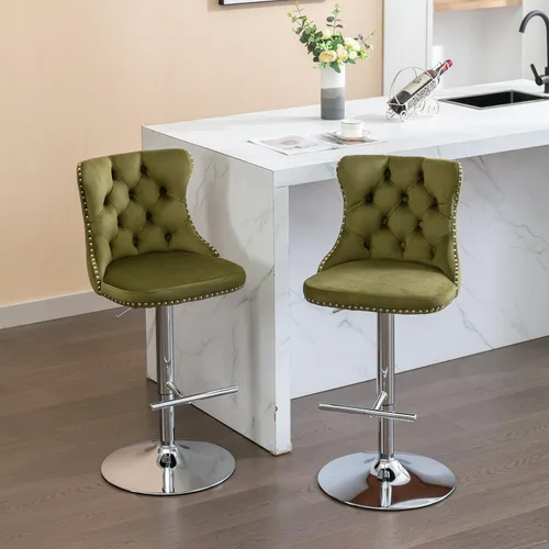 Miniatura 78 de Juego de 2 modernos taburetes de bar giratorios ajustables, sillas de bar copetudas de terciopelo beige con respaldo y ribete de cabeza de clavo
