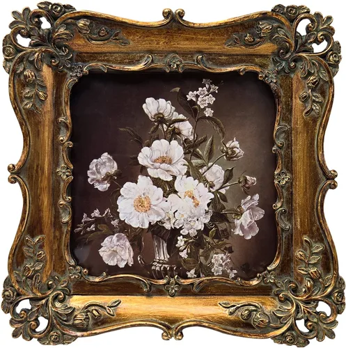 Marco de fotos pequeño vintage 4x4, marco de fotos cuadrado antiguo dorado bronce adornado, para colgar en la pared o exhibir en mesa, diseño floral