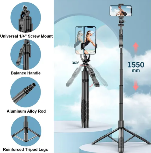 Miniatura 2 de Trípode de teléfono de 60 pulgadas y palo de selfie - Trípode para iPhone con control remoto, soporte extensible para teléfono celular