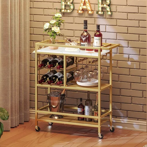 Miniatura 11 de MAHANCRIS Carrito de bar para el hogar, carrito de servicio de 3 niveles con ruedas y asa, carrito de bebidas con estante para vino y soportes