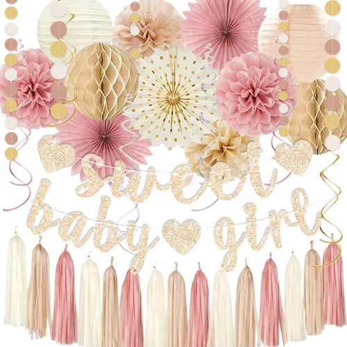 Miniatura 8 de Conjunto de decoraciones para baby shower de otoño en tonos champán-dorado y beige - Dulce cartel de Baby Girl, linternas de papel blanco