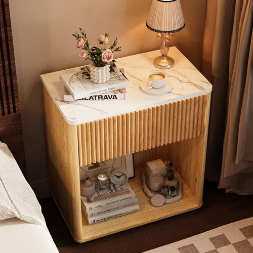 Miniatura 4 de Juego de 2 mesitas de noche acanaladas modernas para dormitorio, juego de mesita de noche de mediados de siglo con parte superior y cajón de mármol