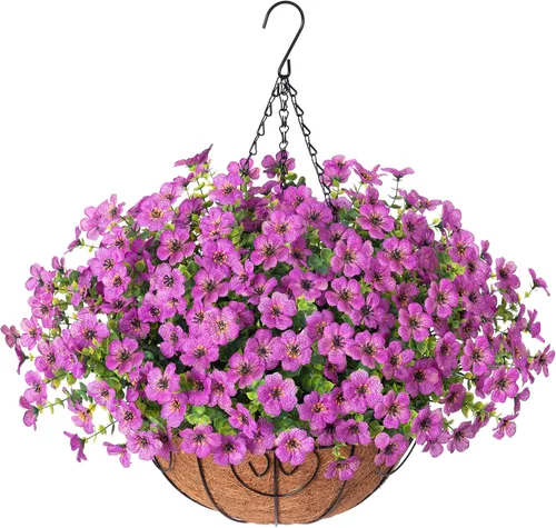 Miniatura 13 de HyeFlora Plantas Colgantes Artificiales Falsas con Flores y Cesta para Decoración Exterior, Arreglos Florales de Seda Sintética de Margaritas