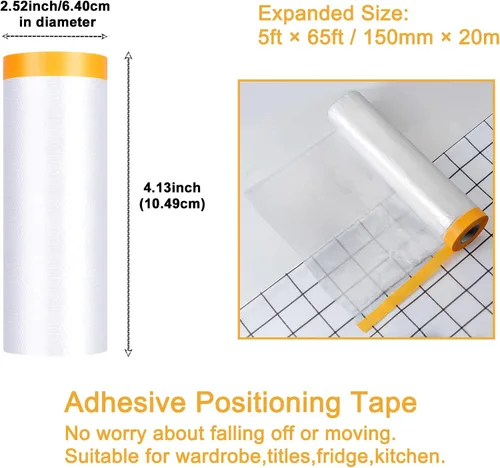 Miniatura 2 de Muf 5 x 65 Pies Paño de plástico con cinta adhesiva, película de enmascaramiento protectora impermeable, previene el polvo y la pintura para auto