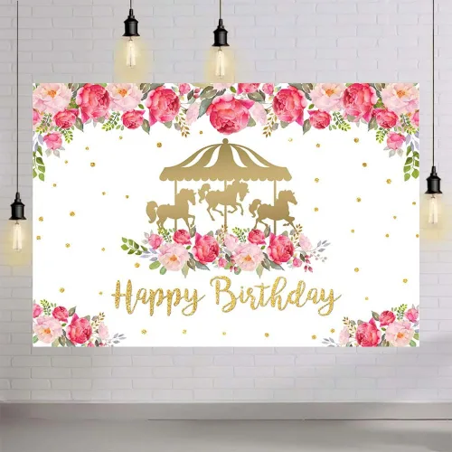 Miniatura 4 de AIBIIN Telón de fondo dorado de 7 x 5 pies con temática de carrusel de feliz cumpleaños para niña, flores rojas y rosadas, decoración de fiesta