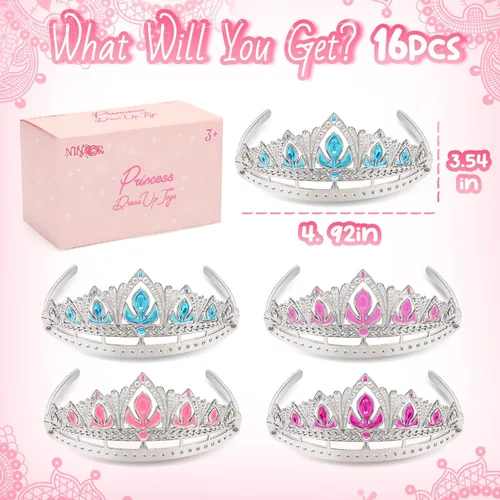 Miniatura 7 de NINAOR Regalos de fiesta de corona de princesa, 16 tiaras de princesa para cumpleaños, accesorios de cosplay de niña, suministros de fiesta