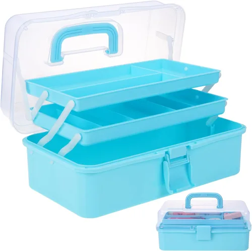 Miniatura 13 de Organizador de manualidades, caja de aparejos plegable portátil de 3 capas, caja de herramientas de plástico con asa para suministros de costura