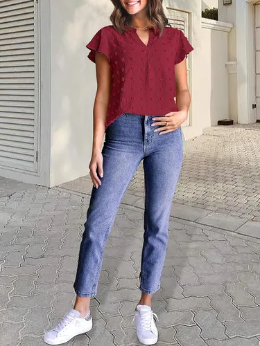 Miniatura 8 de MEROKEETY Blusa de manga corta con volantes y cuello en V para primavera 2026, para verano, con lunares suizos, elegante, informal, con vuelo