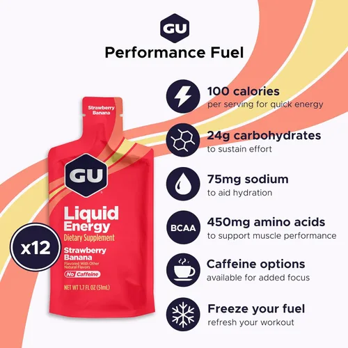 Miniatura 2 de GU Energy Gel energético líquido con carbohidratos complejos, 12 unidades, fresa plátano