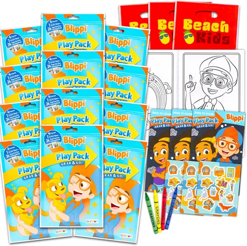 Blippi - Paquete de recuerdos y suministros para fiesta de cumpleaños, 12 paquetes de actividades Blippi para niños, niñas con mini libros para