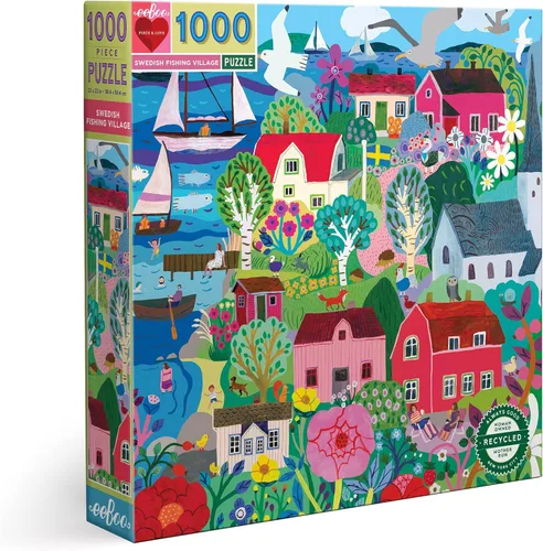 eeBoo Rompecabezas de 1000 piezas, rompecabezas de pueblo pesquero sueco para adultos, cuadrado de 23 x 23 pulgadas, fabricado con tablero reciclado