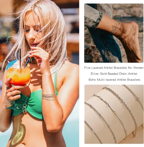 Miniatura 3 de Dcfywl731 Tobillera de cinco capas para mujer, cadena de cuentas de plata y oro, tobillera para adolescentes y niñas, pulseras de tobillo de varias