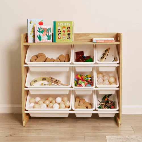 Miniatura 10 de ECR4Kids Organizador de 3 niveles con estante y 9 contenedores, almacenamiento para juguetes, natural oscuro/blanco
