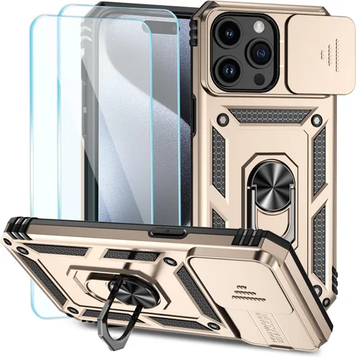 Miniatura 24 de SunStory Funda compatible con iPhone 15 con protector de pantalla HD, cubierta de cámara deslizante y soporte de anillo giratorio, [grado militar]
