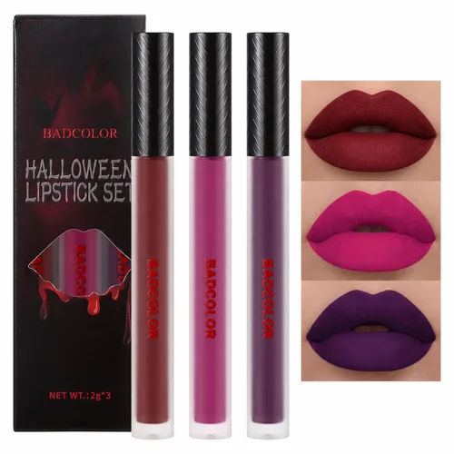 Juego de lápiz labial líquido mate BADCOLOR de 3 colores, maquillaje de Halloween en púrpura, burdeos y rosa roja, juego de brillo labial de alta