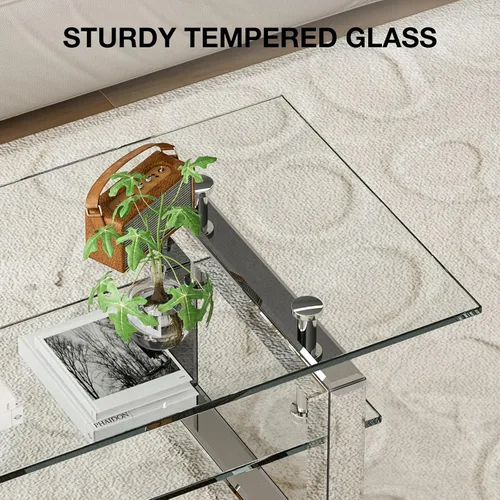 Miniatura 4 de IKIFLY Mesa de centro de cristal con tablas de vidrio de 2 niveles y patas de metal resistentes, mesa auxiliar rectangular de vidrio transparente