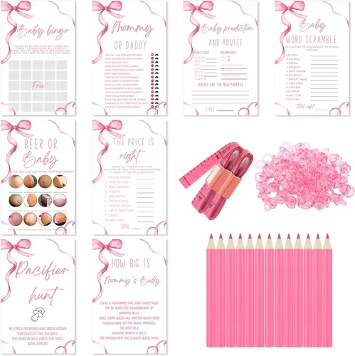 Miniatura 7 de Honoson Juego de 279 piezas de juegos de baby shower con lazo azul para 50 invitados, 8 juegos incluyen Adivina mamá o papá, revuelto de palabras