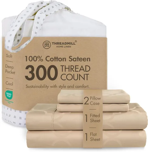 Miniatura 10 de Threadmill Sábanas 100% Algodón para Cama Tamaño King Juego de Sábanas de 4 Piezas para Cama King Suave, Transpirable y Ligero Satén de Damasco