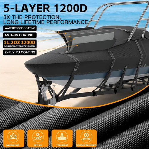Miniatura 6 de Funda para Barco de Torre de Esquí y Wakeboard 900D Teñida en Solución 100% Impermeable con 11+6 Correas Resistentes al Viento para Cascos en V Negro