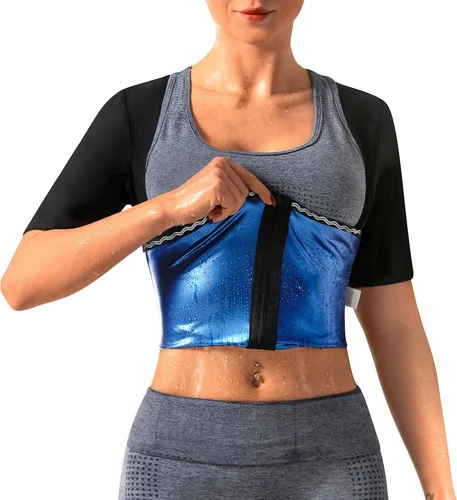 Camiseta sauna para mujer, camiseta reductora y moldeadora de manga corta para entrenamiento y ejercicio Forro azul-02