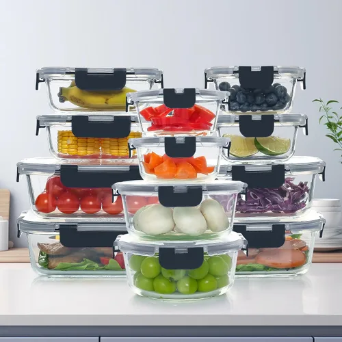 UMEIED Paquete de 12 recipientes de vidrio para almacenamiento de alimentos con tapas a prueba de fugas, recipientes herméticos de vidrio para Negro
