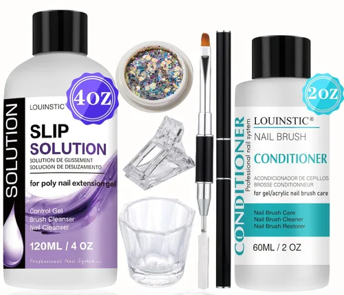 LOUINSTIC Solución deslizante para uñas de poligel y kit limpiador de pinceles de arte de uñas, solución antideslizante de gel de uñas de poliéster