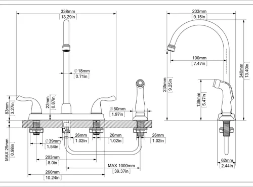 Miniatura 8 de Grifo de cocina dorado de 2 manijas con rociador lateral, 8 pulgadas de arco alto giratorio de 360°, grifo de fregadero central de 3 o 4 agujeros
