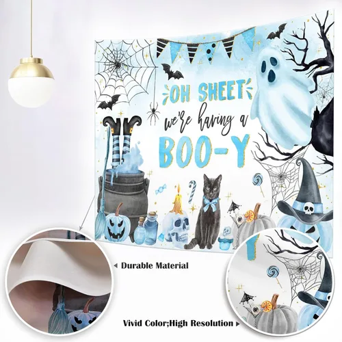 Miniatura 2 de Mocsicka Telón de fondo de Halloween para decoración de fiesta de baby shower de niño Boo-y, pancarta azul, bonita y espeluznante (8 x 6 pies)