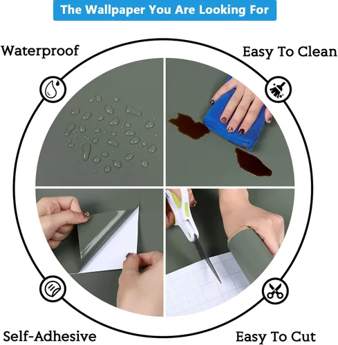 Miniatura 9 de CRE8TIVE Papel tapiz verde grisáceo para despegar y pegar, papel adhesivo verde para armarios, papel tapiz extraíble de color verde salvia