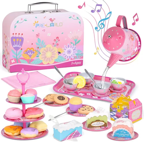 Miniatura 14 de PRE-WORLD Juego de fiesta de té para niñas pequeñas, 46 piezas de juguetes de princesa para la hora del té, incluyendo postre, galletas, dona