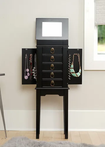Miniatura 5 de Hives and Honey Kennedy Jewelry Armoire - Moderno organizador de almacenamiento de madera con ganchos para collares, 5 cajones y espejo de tocador