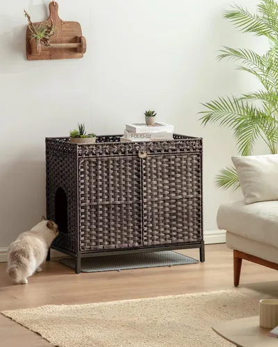 Miniatura 2 de SETVSON Mueble Caja de Arena para Gatos, Caja de Arena Oculta de Ratán Tejido a Mano con Alfombrilla, Casa Grande para Gatos con Patas Elevadas