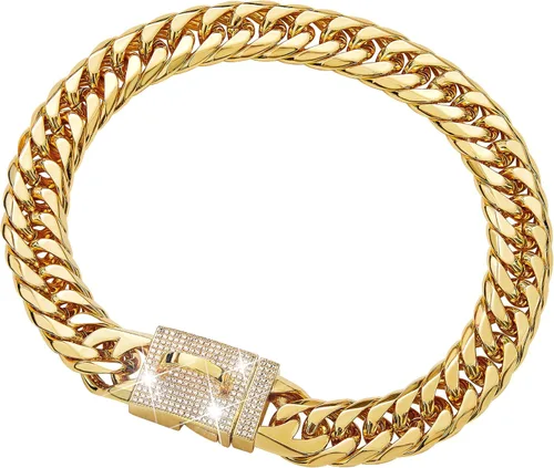 Collar de cadena de metal para perro con diseño de hebilla segura, eslabones cubanos dorados fuertes y resistentes a las mordidas para perros