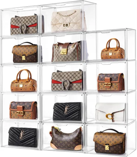 HBlife Paquete de 14 organizadores de almacenamiento de bolsos para armario, caja grande transparente apilable de bolsa con puerta magnética para