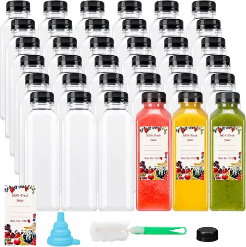 Miniatura 11 de SUPERLELE 12 botellas de plástico de 8 onzas con tapas, recipientes transparentes reutilizables para jugo con etiquetas, embudo y cepillo