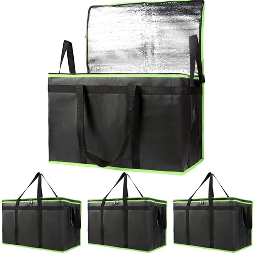 Miniatura 23 de Bolsa térmica, suave y aislada, bolsa de alimentos plegable para entrega de alimentos, portátil, color negro, paquete de 4, tamaño L