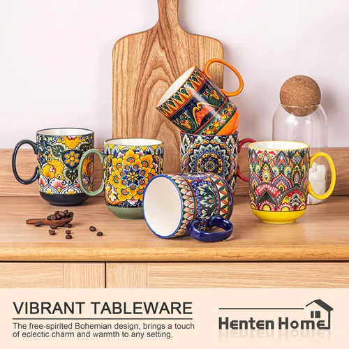 Miniatura 4 de Henten Home Juego de tazas de café de porcelana de 6 piezas, taza de café de 14 onzas colorida con mango, taza de cerámica boho para chocolate