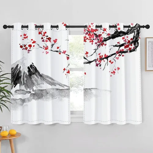 Cortinas de ventana con flores de ciruelo rojo, oriental, asiático, chino, pintura tradicional, arte clásico, cortinas creativas naturales, Rosa y
