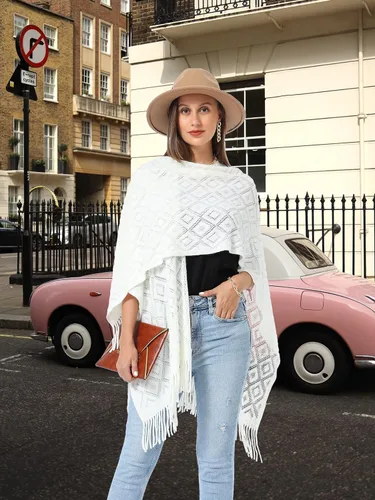 Miniatura 16 de Soul Young - Chal de punto para mujer, poncho con flecos y capa