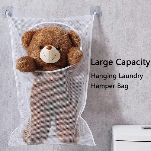 Miniatura 2 de Resdenio Bolsa de lavandería colgante, bolsa de lavandería portátil, 30 x 20 pulgadas, cesta grande plegable para colgar en la pared con 2 ganchos