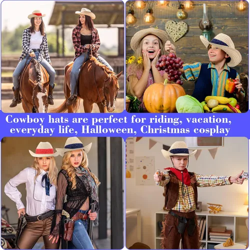 Miniatura 7 de Leumoi 12 sombreros de vaquero occidental con bandana roja, sombrero clásico de paja de vaquero para vaquero, roeo, fiesta temática, cosplay