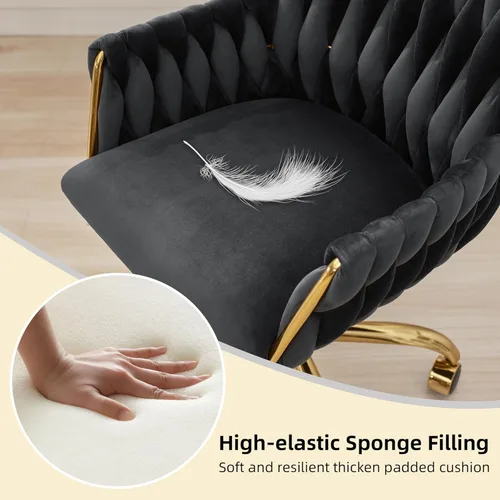 Miniatura 4 de ABET Silla de Escritorio de Terciopelo con Ruedas, Linda Silla de Oficina Giratoria Tapizada, Moderno Sillón Rodante Dorado Tejido a Mano con Altura