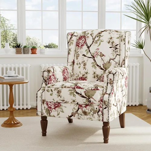 Miniatura 8 de Silla decorativa floral con respaldo alto, sillón tapizado con patas de madera maciza, cómodo sofá individual de lectura con respaldo alado