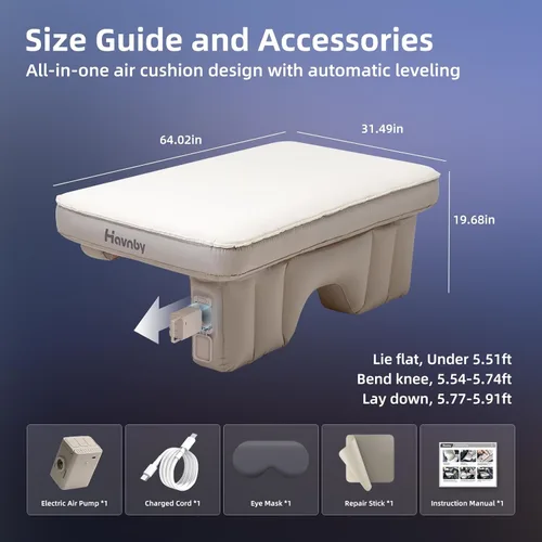 Miniatura 8 de Havnby Colchón para Camión, Cama de Camping de Espuma de Aire de TPU, Cojín Inflable para Asiento Trasero con Bomba Recargable Integrada, Colchón