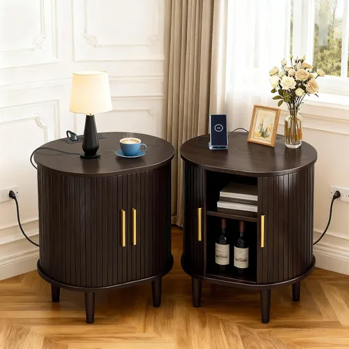 Miniatura 13 de DHH Mesita de noche moderna de mediados de siglo con estación de carga, mesa auxiliar acanalada con puerta corredera y estante ajustable, mesa Negro