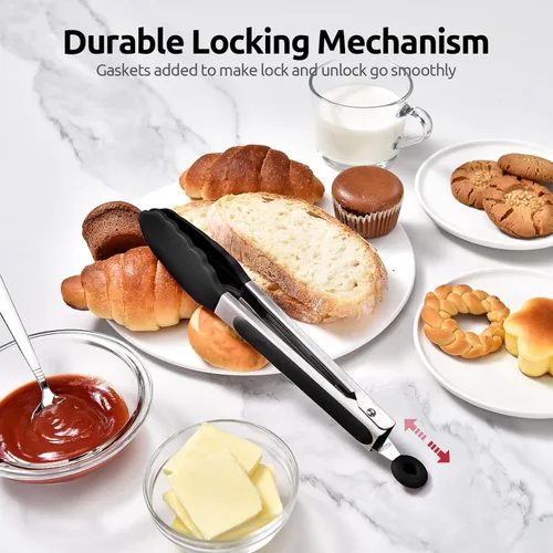 Miniatura 7 de Pinzas de cocina resistentes al calor de 600ºF: U-Taste de 9 pulgadas, pinza de cocina de silicona con puntas de goma antiadherentes firmemente Negro